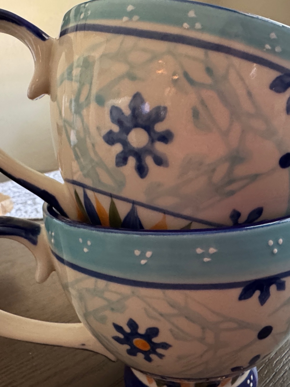 Signature Housewares Ceramic Mugs with Blue Floral Motif — Light Aqua Accent